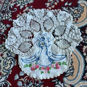 Handmade Embroidered Vintage Floral Peacock Tabletop Doily